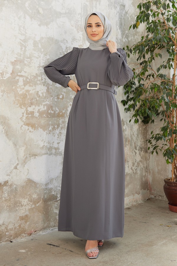 Pleated Sleeves Dress - Gray