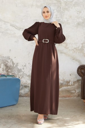 Pleated Sleeves Dress - Brown