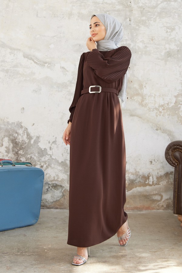 Pleated Sleeves Dress - Brown