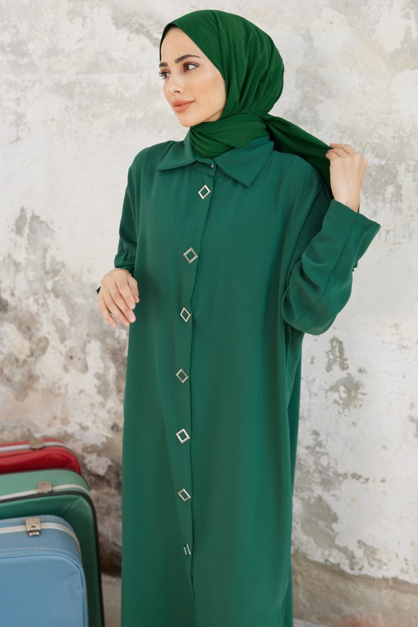 Düğme Detaylı Uzun Tunik - Zümrüt