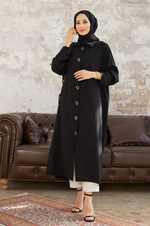 Düğme Detaylı Uzun Tunik - Siyah Düğme Detaylı Uzun Tunik - Siyah