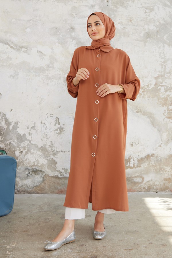 Düğme Detaylı Uzun Tunik - Camel