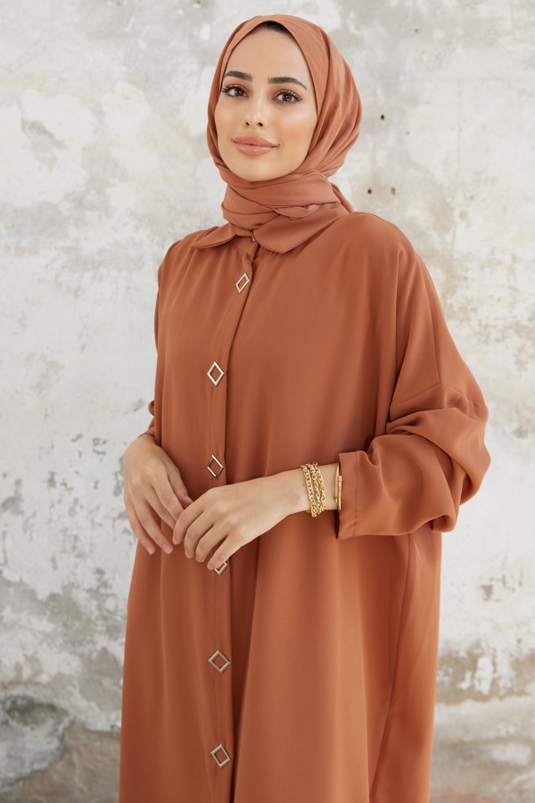 Düğme Detaylı Uzun Tunik - Camel