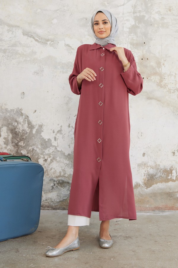 Düğme Detaylı Uzun Tunik - Gül Kurusu