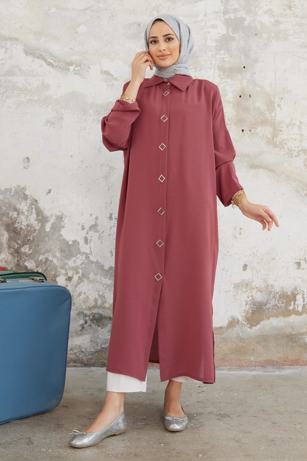 Düğme Detaylı Uzun Tunik - Gül Kurusu