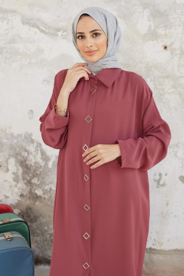 Düğme Detaylı Uzun Tunik - Gül Kurusu