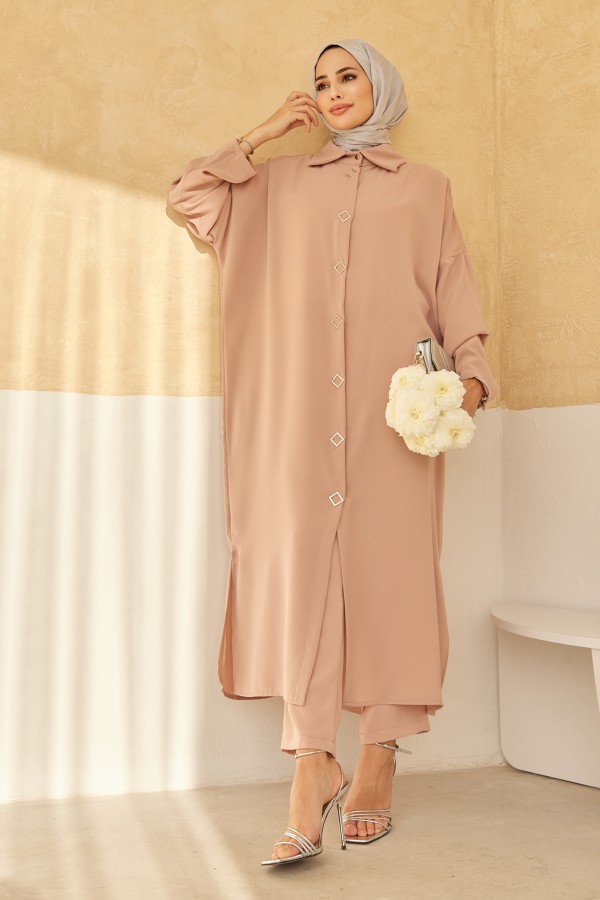 Düğme Detaylı Uzun Tunik - Bej