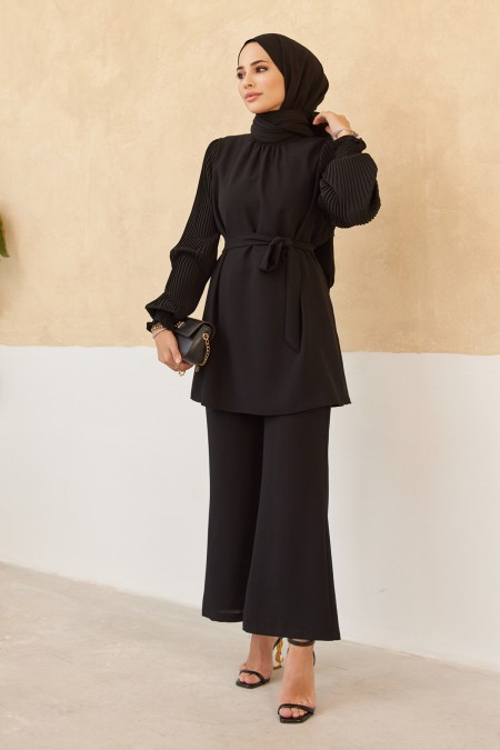 Trouser Tunic Set with Pleated Sleeves - Black
