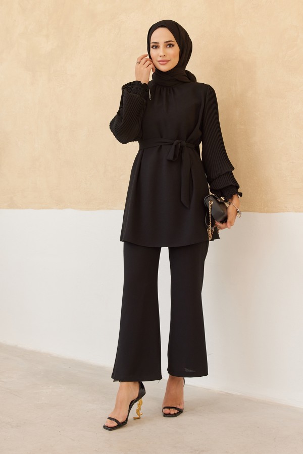 Trouser Tunic Set with Pleated Sleeves - Black