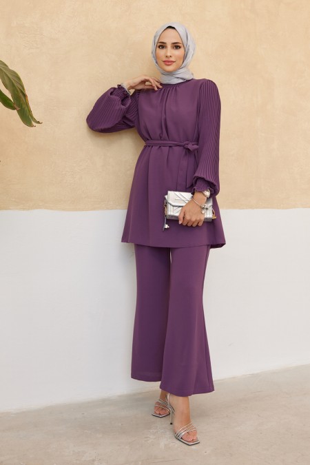 Kolları Piliseli Pantolon Tunik Takım - Leylak Kolları Piliseli Pantolon Tunik Takım - Leylak