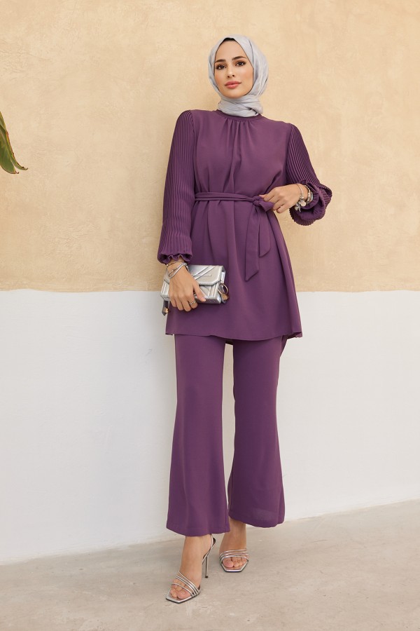 Kolları Piliseli Pantolon Tunik Takım - Leylak