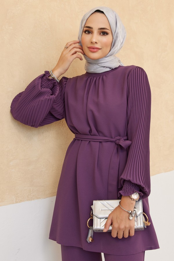 Kolları Piliseli Pantolon Tunik Takım - Leylak