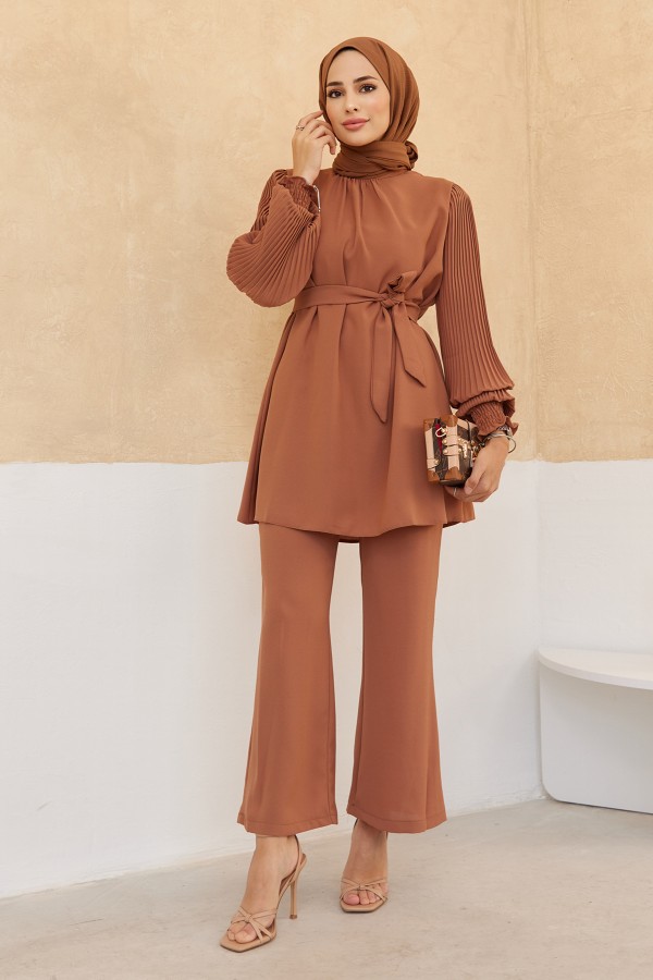 Kolları Piliseli Pantolon Tunik Takım - Camel