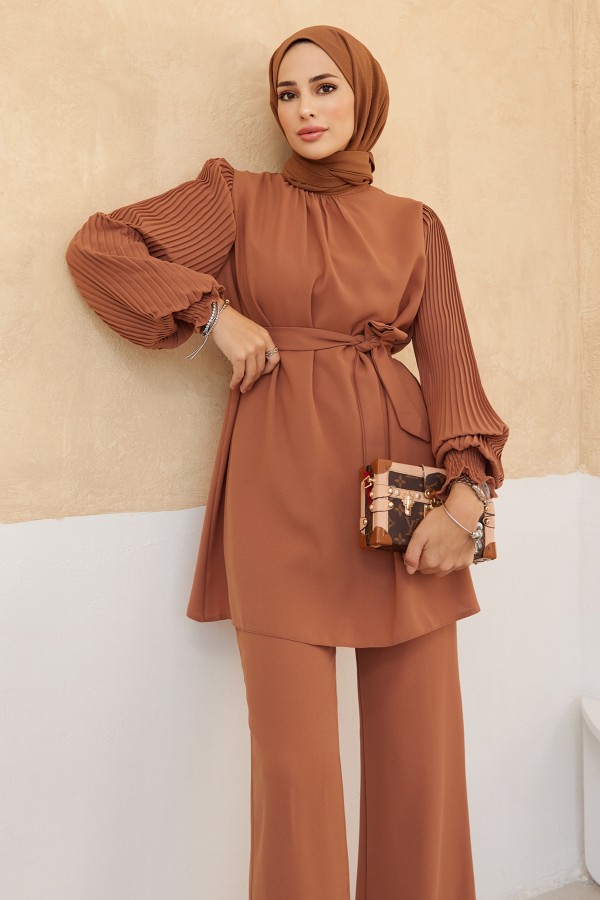 Kolları Piliseli Pantolon Tunik Takım - Camel