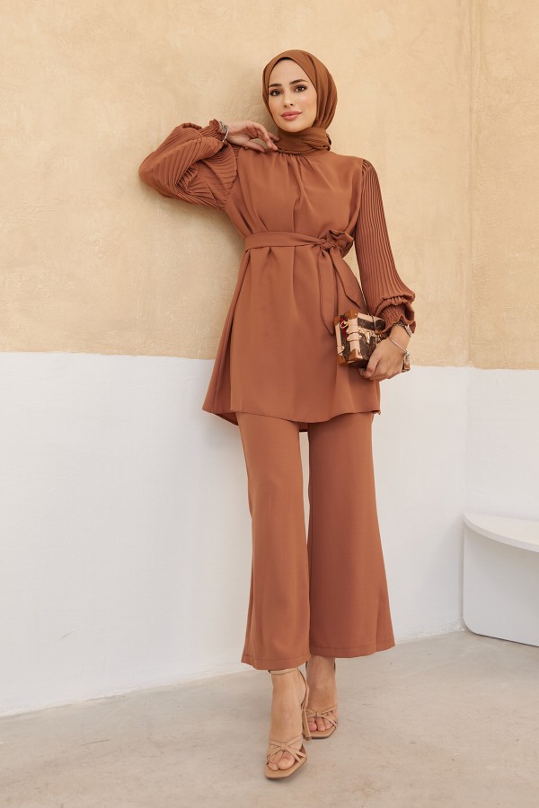 Trousers Tunic Set with Pleated Sleeves - Camel