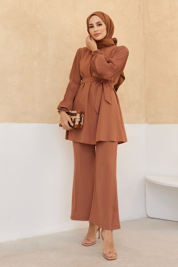 Trousers Tunic Set with Pleated Sleeves - Camel