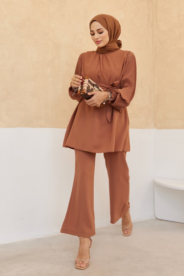 Trousers Tunic Set with Pleated Sleeves - Camel