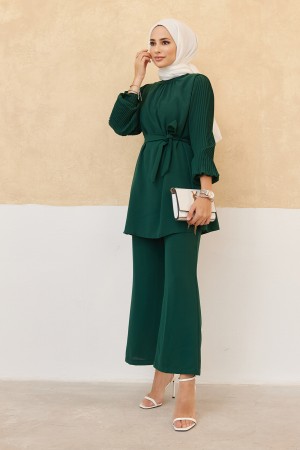 Trousers Tunic Set with Pleated Sleeves - Emerald