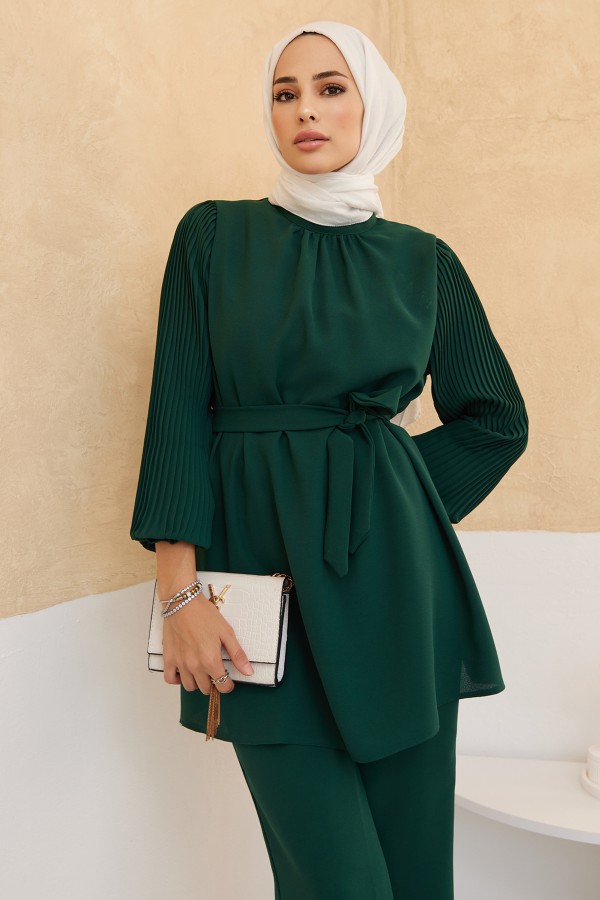 Kolları Piliseli Pantolon Tunik Takım - Zümrüt