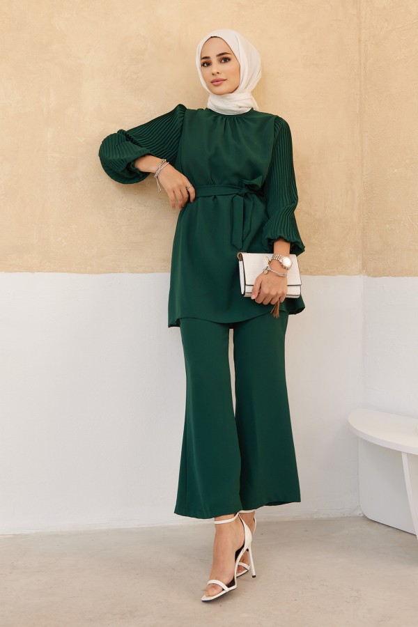 Kolları Piliseli Pantolon Tunik Takım - Zümrüt