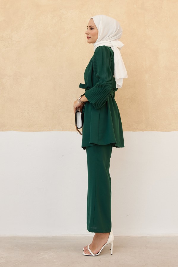 Kolları Piliseli Pantolon Tunik Takım - Zümrüt