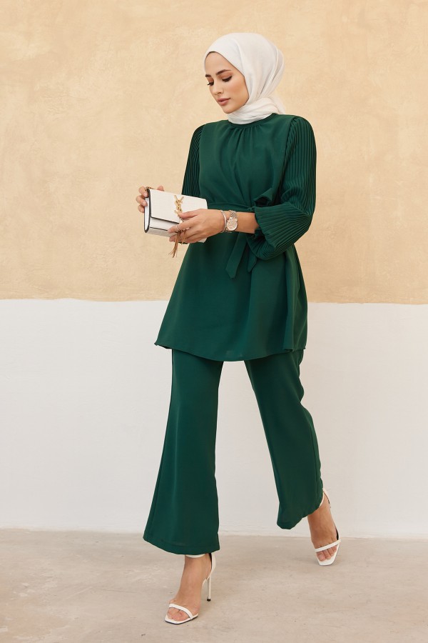 Kolları Piliseli Pantolon Tunik Takım - Zümrüt