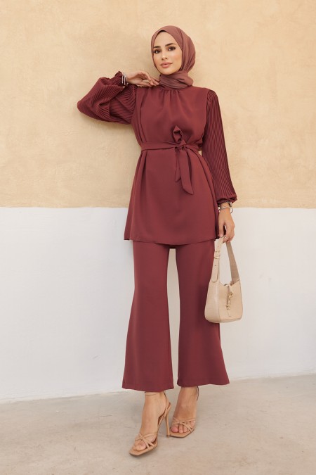 Kolları Piliseli Pantolon Tunik Takım - Gül Kurusu Kolları Piliseli Pantolon Tunik Takım - Gül Kurusu