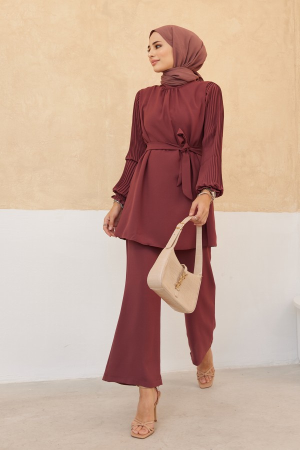 Kolları Piliseli Pantolon Tunik Takım - Gül Kurusu