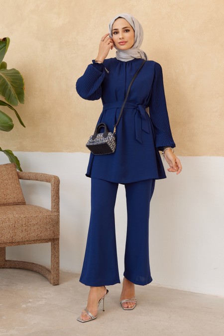 Trouser Tunic Set with Pleated Sleeves - Indigo