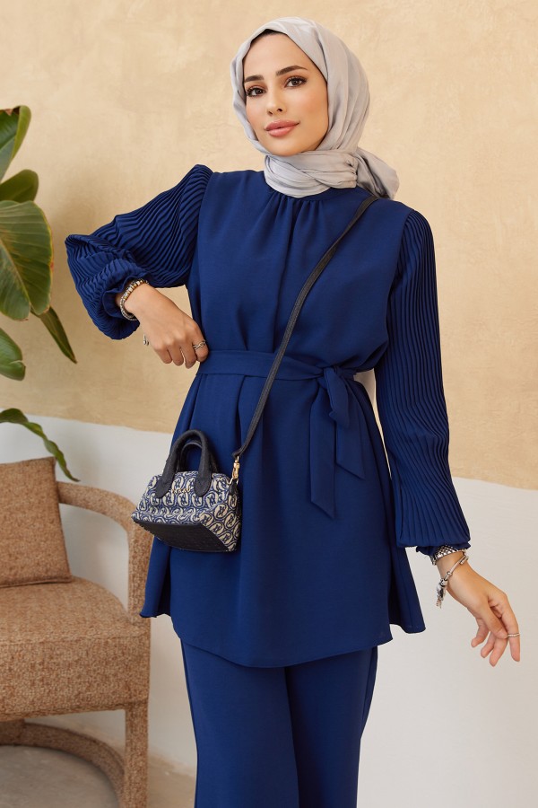 Trouser Tunic Set with Pleated Sleeves - Indigo