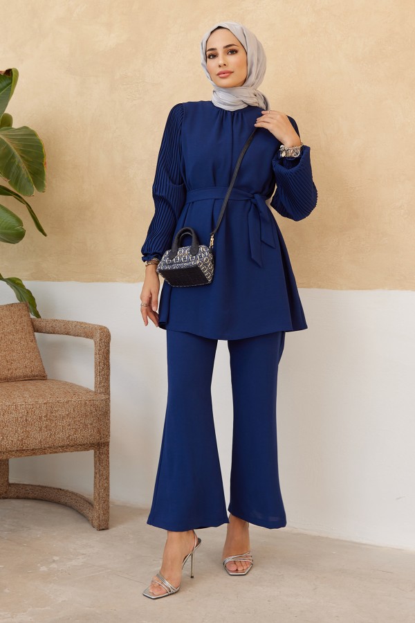 Trouser Tunic Set with Pleated Sleeves - Indigo