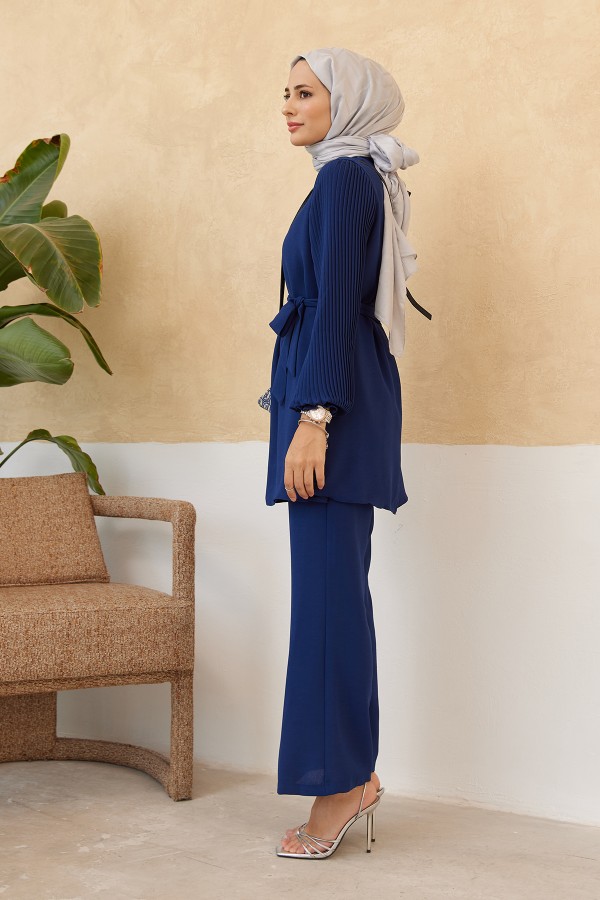 Trouser Tunic Set with Pleated Sleeves - Indigo