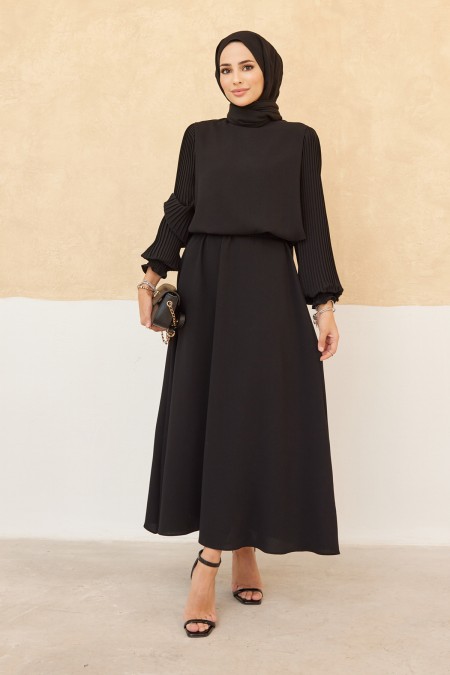 Pleated Sleeve Skirt Tunic Set - Black