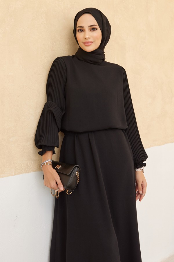 Kolları Piliseli Etek Tunik Takım - Siyah
