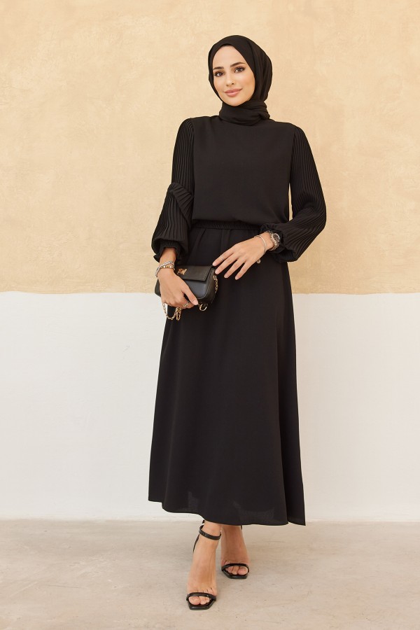 Kolları Piliseli Etek Tunik Takım - Siyah
