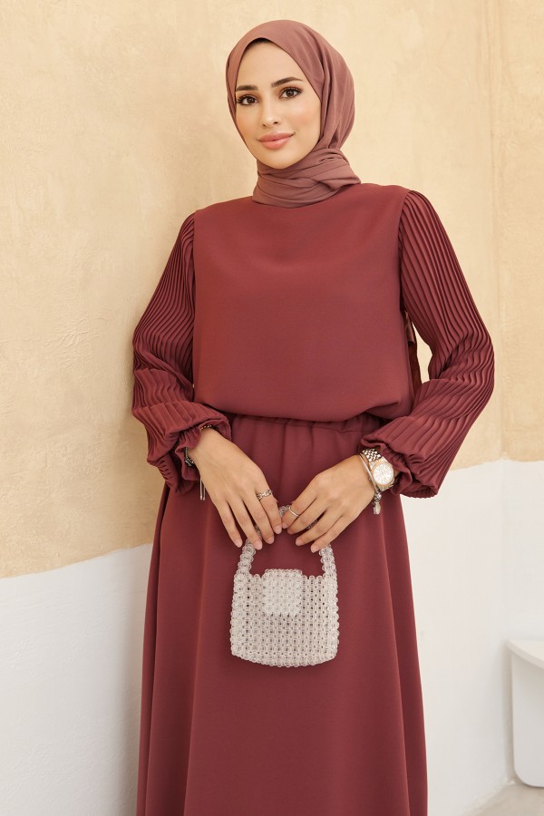 Skirt Tunic Set with Pleated Sleeves - Dusty Rose