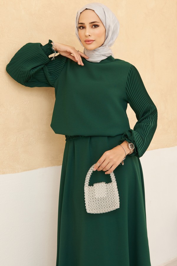 Skirt Tunic Set with Pleated Sleeves - Emerald