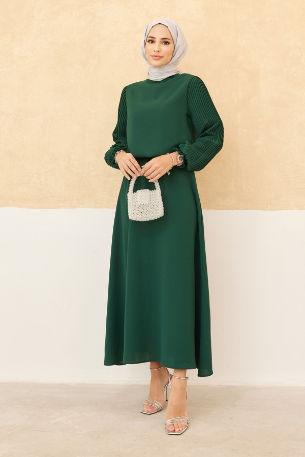 Skirt Tunic Set with Pleated Sleeves - Emerald