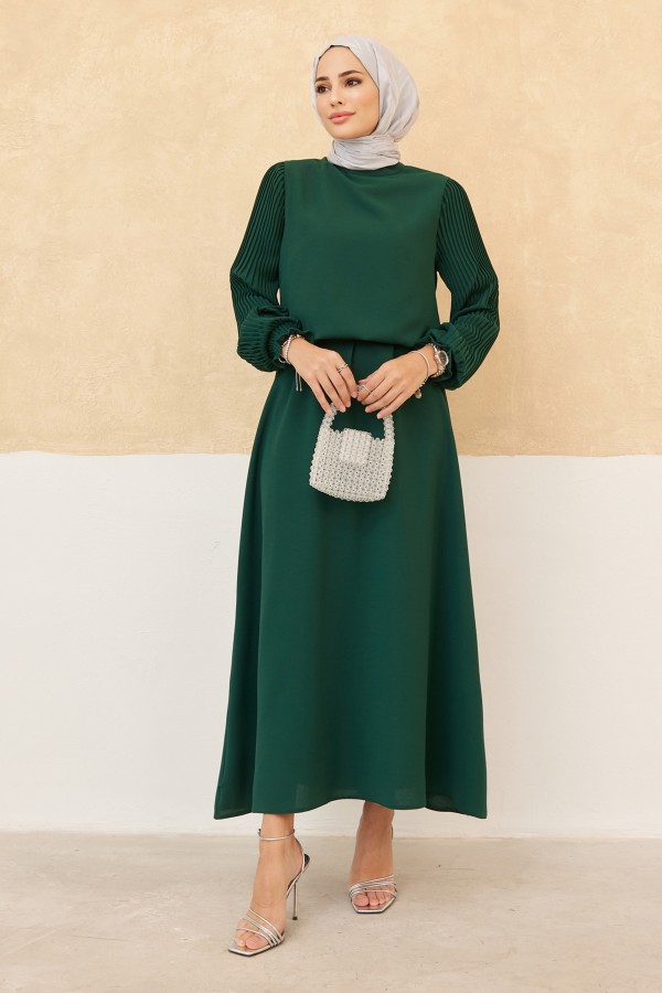 Skirt Tunic Set with Pleated Sleeves - Emerald