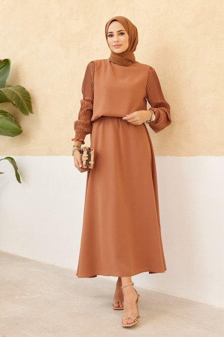 Kolları Piliseli Etek Tunik Takım - Camel