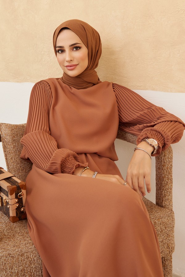 Kolları Piliseli Etek Tunik Takım - Camel