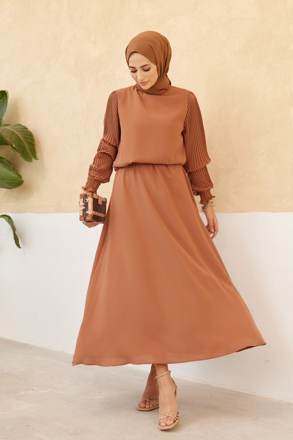 Skirt Tunic Set with Pleated Sleeves - Camel