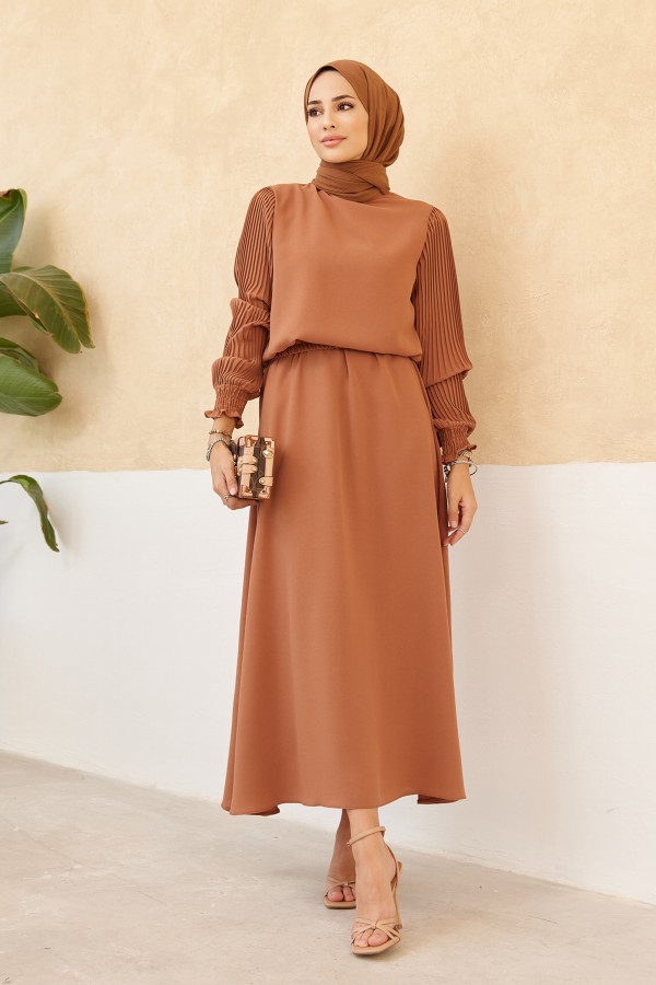 Skirt Tunic Set with Pleated Sleeves - Camel