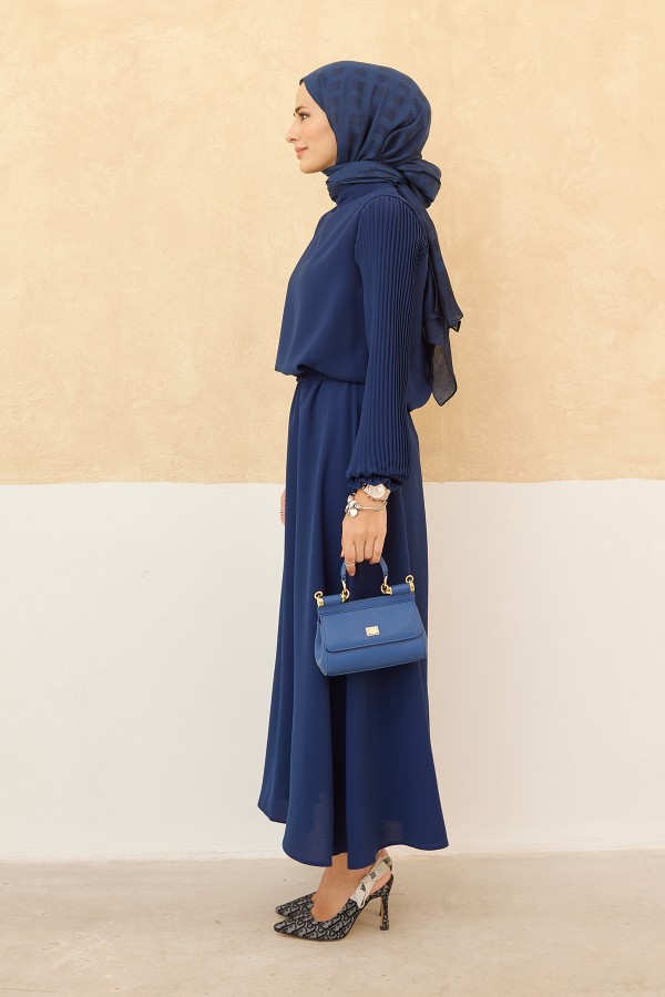 Kolları Piliseli Etek Tunik Takım - Indigo