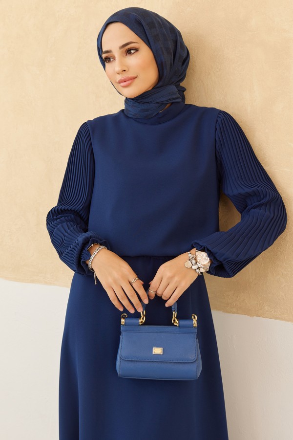 Kolları Piliseli Etek Tunik Takım - Indigo