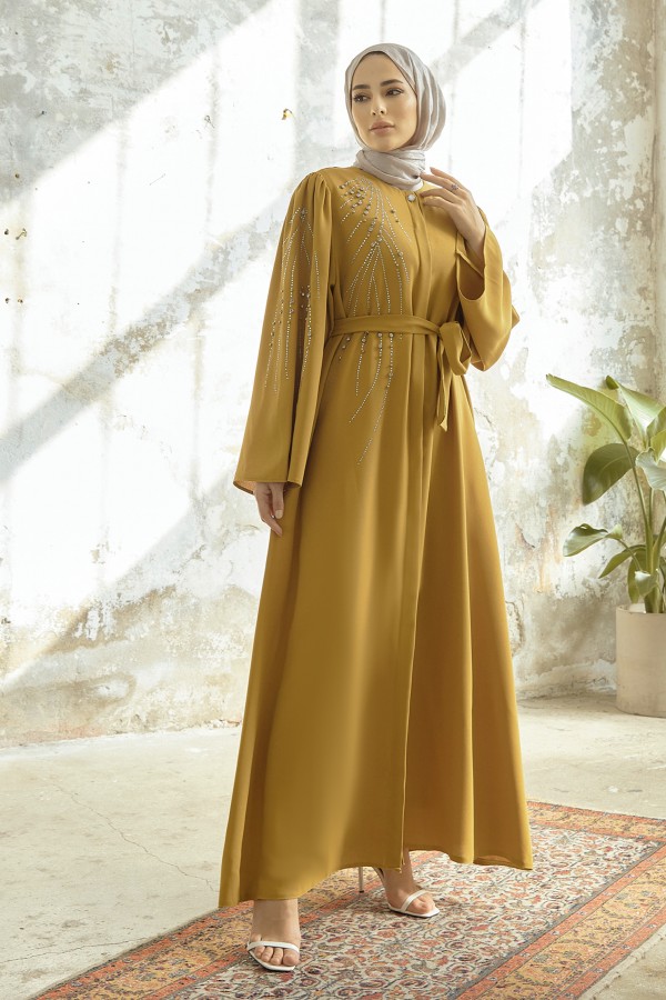 Viona Taşlı Abaya - Yağ Yeşili