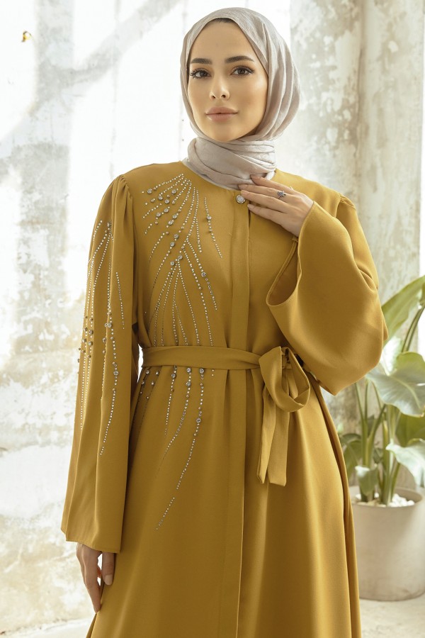 Viona Taşlı Abaya - Yağ Yeşili