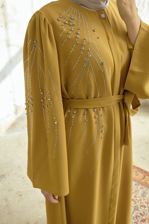 Viona Taşlı Abaya - Yağ Yeşili