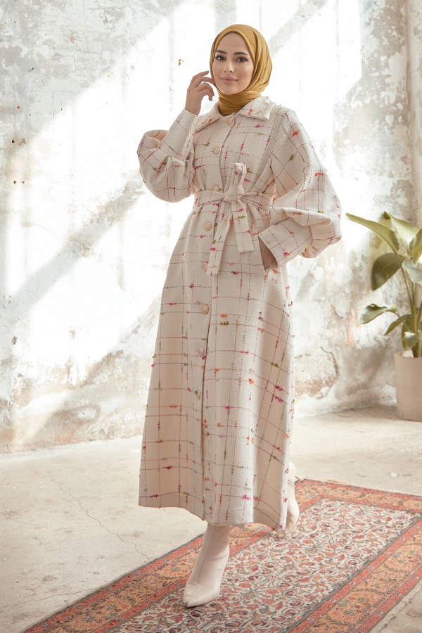 Balon Kol Kaban - Ekru Fuşya Çizgili