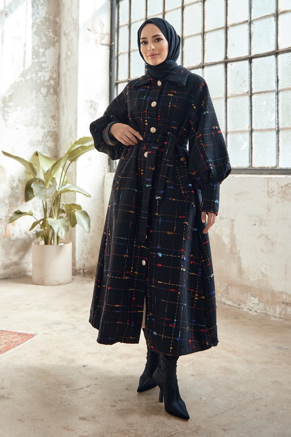 Balloon Sleeve Coat - Black Claret Red Striped